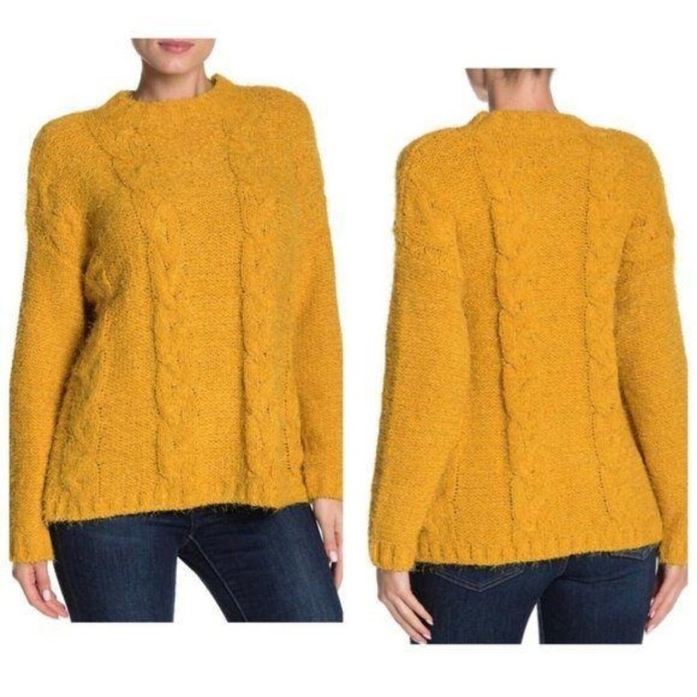 CENY Mustard Eyelash Cable Knit Mock Neck Sweater
